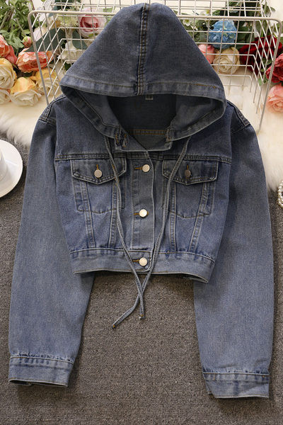 Jachetă scurtă de denim de damă cu glugă