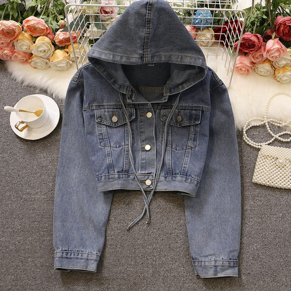 Jachetă scurtă de denim de damă cu glugă