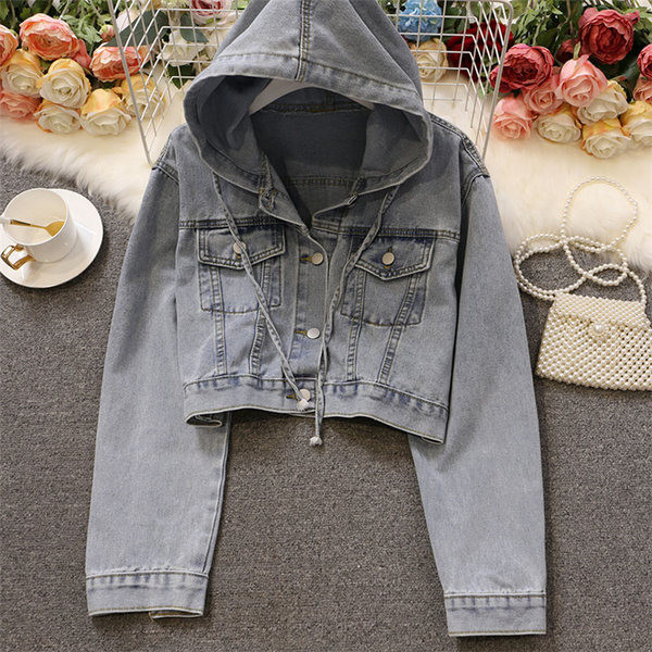 Jachetă scurtă de denim de damă cu glugă