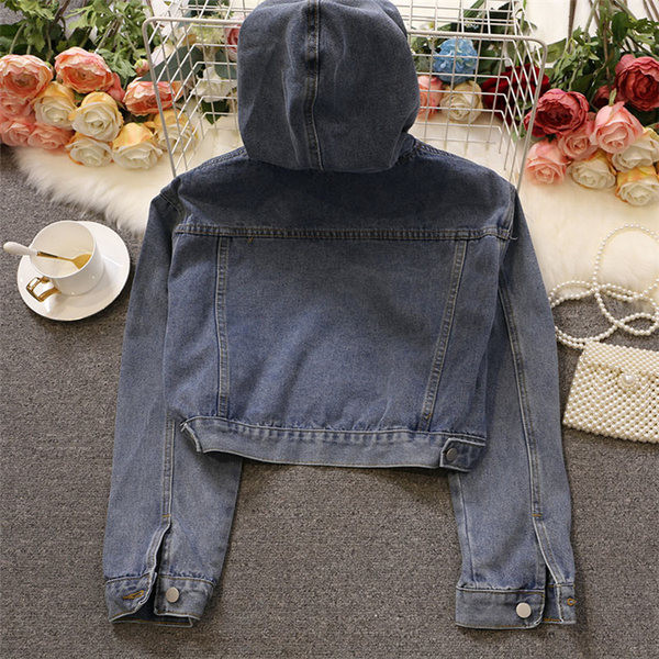 Jachetă scurtă de denim de damă cu glugă