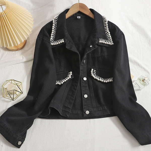 Női farmer dzseki gyöngy díszítéssel