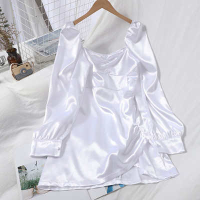 Uue mudeli naiste satiinist asümmeetriline pikkade varrukatega kleit