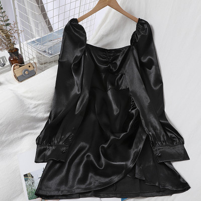 Uue mudeli naiste satiinist asümmeetriline pikkade varrukatega kleit