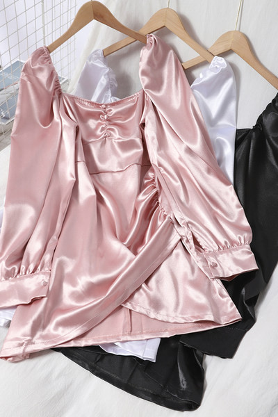 Uue mudeli naiste satiinist asümmeetriline pikkade varrukatega kleit