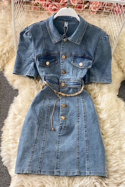 Γυναικείο κοντό τζιν φόρεμα με κουμπιά και κλασικό γιακά