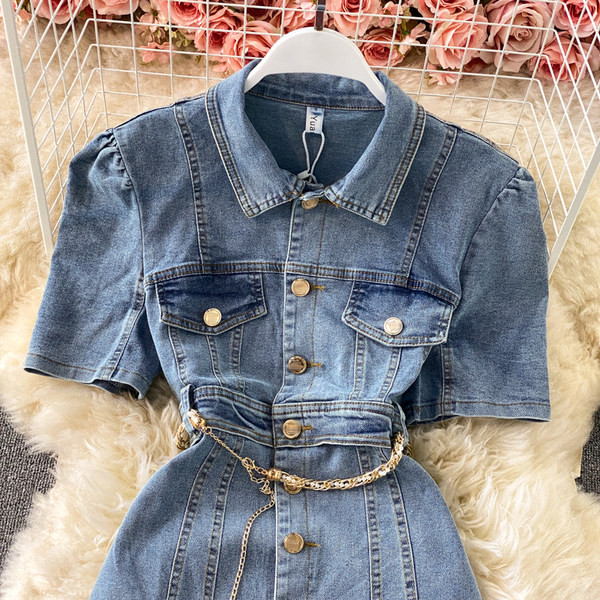 Γυναικείο κοντό τζιν φόρεμα με κουμπιά και κλασικό γιακά