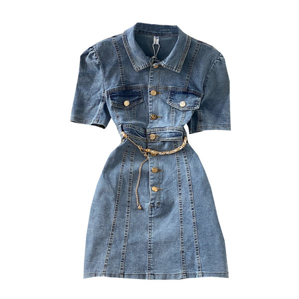 Γυναικείο κοντό τζιν φόρεμα με κουμπιά και κλασικό γιακά