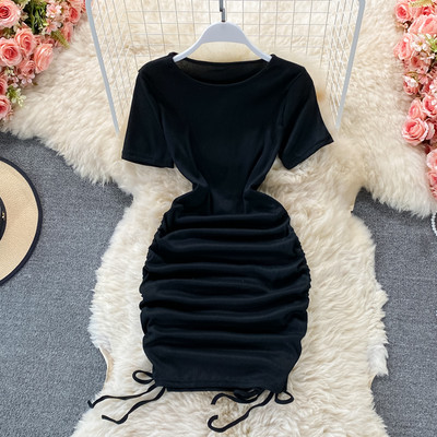 Γυναικείο μοντέρνο φόρεμα με στρογγυλή λαιμόκοψη και κορδόνια