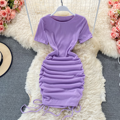 Γυναικείο μοντέρνο φόρεμα με στρογγυλή λαιμόκοψη και κορδόνια