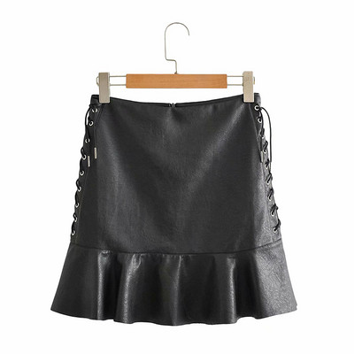Κοντή οικολογική δερμάτινη φούστα με κορδόνια και βολάν
