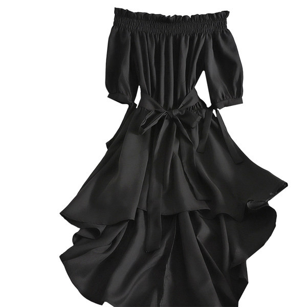 Novi model asimetrične ženske haljine sa lađa izrezom i pojasom