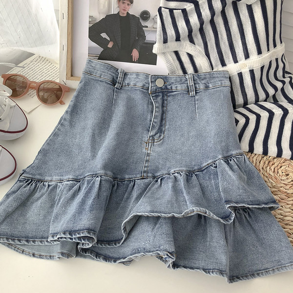 Γυναικεία τζιν φούστα με ψηλή μέση και βολάν