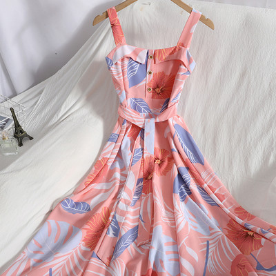 Πολύχρωμο γυναικείο φόρεμα με τιράντες και ζώνη