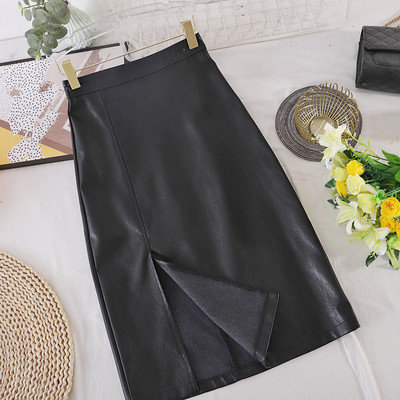 Kunstnahast naiste pikk lõhikuga seelik