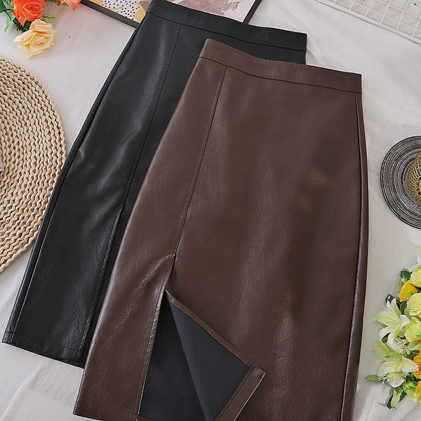 Kunstnahast naiste pikk lõhikuga seelik