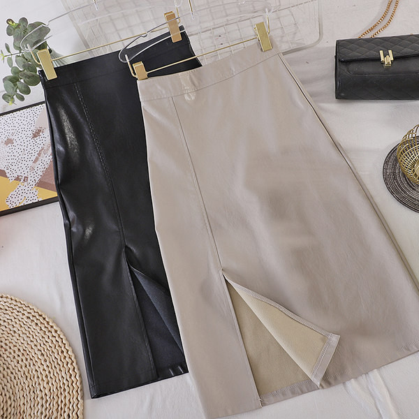 Kunstnahast naiste pikk lõhikuga seelik