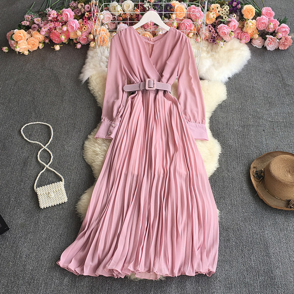 Naiste moodne pikkade varrukate ja V-kaelusega kleit