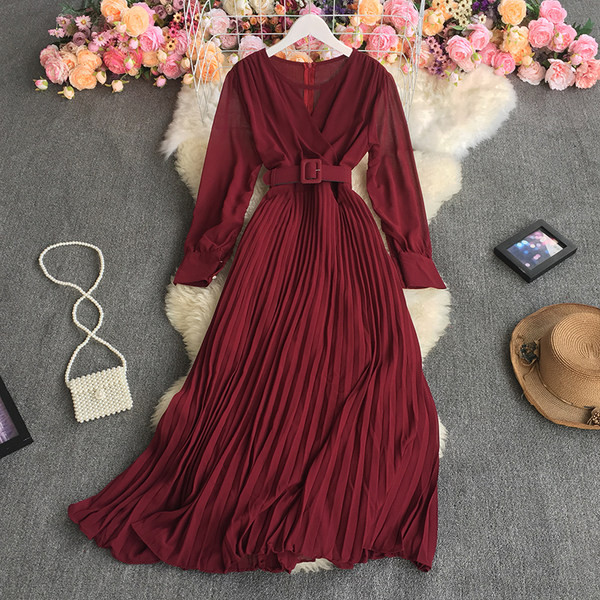 Naiste moodne pikkade varrukate ja V-kaelusega kleit