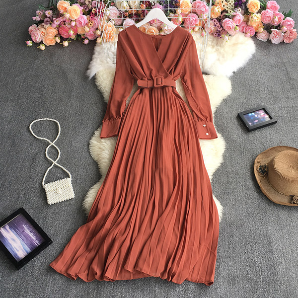 Naiste moodne pikkade varrukate ja V-kaelusega kleit