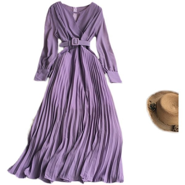 Naiste moodne pikkade varrukate ja V-kaelusega kleit