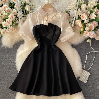 Дамска рокля с къс ръкав и класическа яка - черен цвят