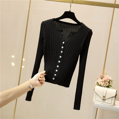 Naiste vabaaja nööpide ja pikkade varrukatega kardigan