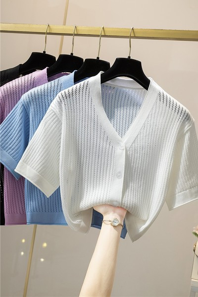 Naiste vabaaja kardigan lühikeste varrukatega õhuke kudum