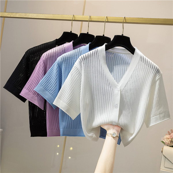 Naiste vabaaja kardigan lühikeste varrukatega õhuke kudum