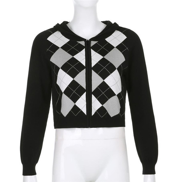 Rövid kockás mellény cipzárral és kapucnival