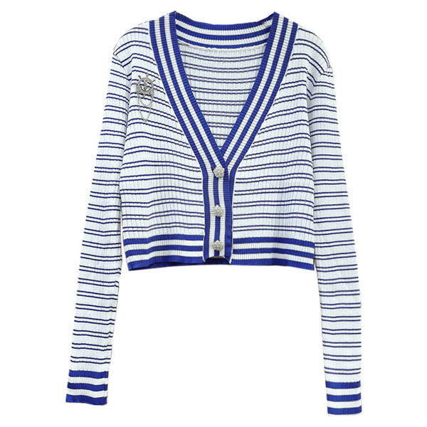 Naiste triibuline vest sügava spitsikaelusega, sinine