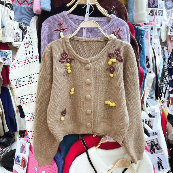 Ümmarguse dekoltee ja tikandiga vabaaja naiste kampsun