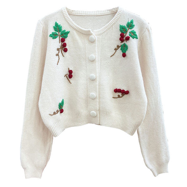 Ümmarguse dekoltee ja tikandiga vabaaja naiste kampsun