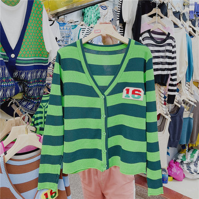 Νέο μοντέλο ριγέ γυναικεία ζακέτ με spitz λαιμόκοψη