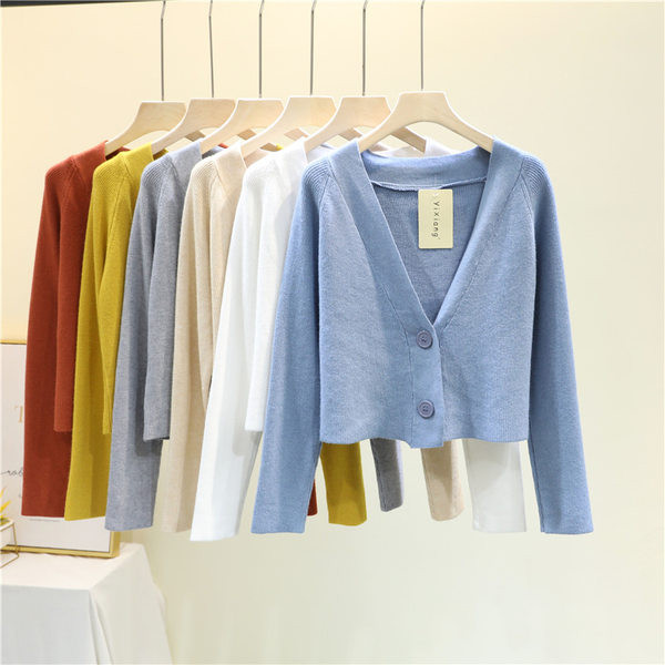 Naiste lühike kardigan spits-kaelusega ja pikkade varrukatega