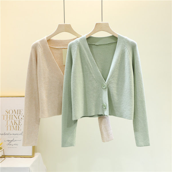 Naiste lühike kardigan spits-kaelusega ja pikkade varrukatega