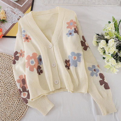 Γυναικεία μοντέρνα ζακέτα με λουλουδάτο μοτίβο σε λευκό και μπλε χρώμα