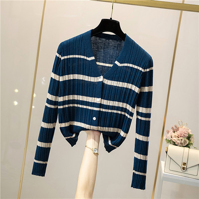 Uue mudeli naiste triibuline nööpide ja pikkade varrukatega kardigan