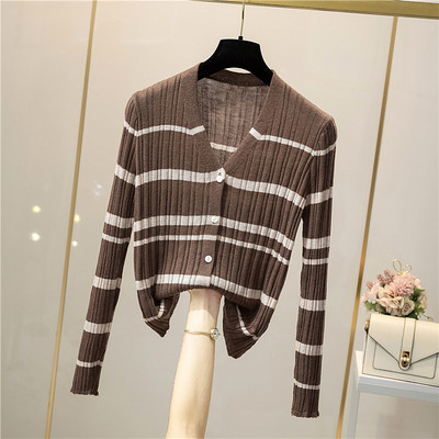 Uue mudeli naiste triibuline nööpide ja pikkade varrukatega kardigan