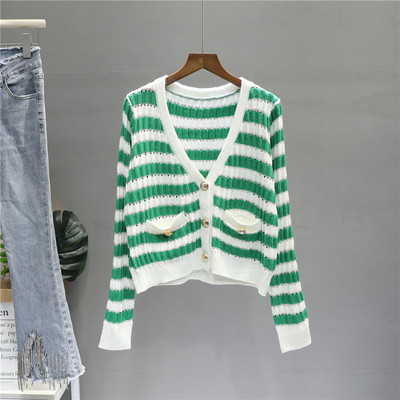 Ženski prugasti prsluk s metalnim gumbima i dugim rukavima