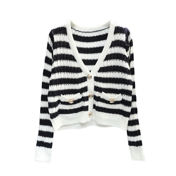 Ženski prugasti prsluk s metalnim gumbima i dugim rukavima