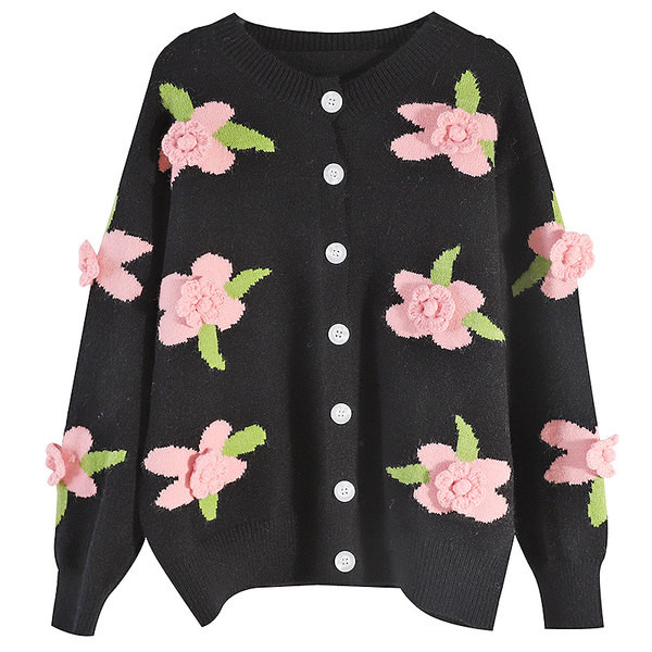 Női kardigán gombokkal és 3D elemmel fekete színben