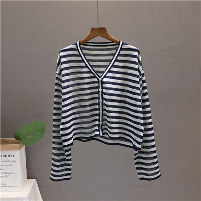 Casual γυναικεία  ριγέ ζακέτα με spitz λαιμόκοψη και κουμπιά