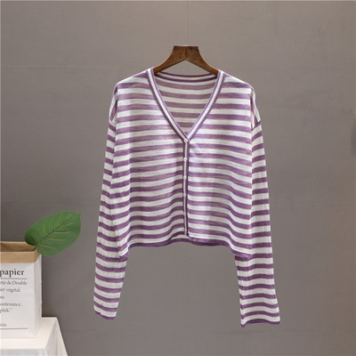 Casual γυναικεία  ριγέ ζακέτα με spitz λαιμόκοψη και κουμπιά