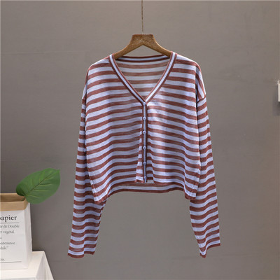 Casual γυναικεία  ριγέ ζακέτα με spitz λαιμόκοψη και κουμπιά