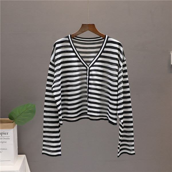 Casual γυναικεία  ριγέ ζακέτα με spitz λαιμόκοψη και κουμπιά