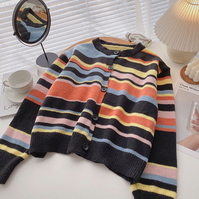 Γυναικεία ριγέ ζακέτα με κουμπιά και στρογγυλή λαιμόκοψη