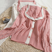 Naiste vabaaja nööpide ja pikkade varrukatega kardigan valge ja roosa