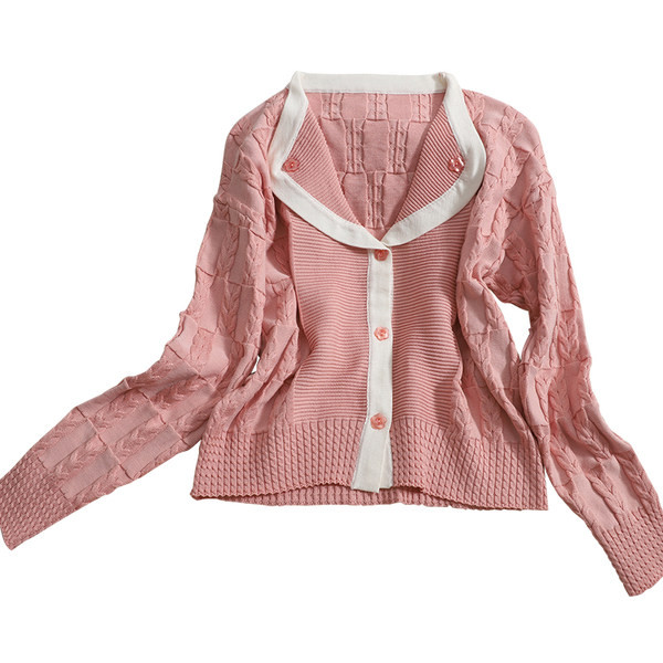 Naiste vabaaja nööpide ja pikkade varrukatega kardigan valge ja roosa