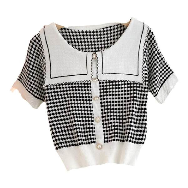 Naiste ruuduline vest lühikeste varrukate ja ovaalse kaelusega