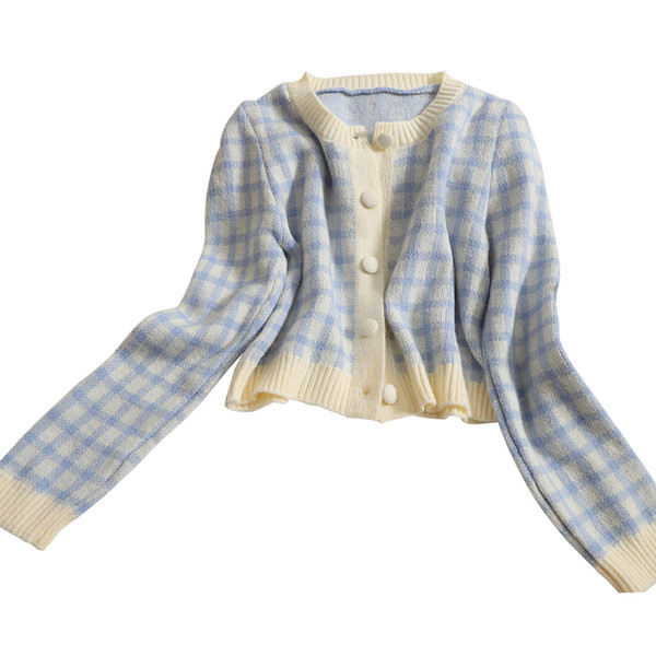 Novi model ženskog kariranog prsluka s okruglim izrezom i okruglim gumbima